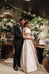 Simple Satin A-line Halter Neck Criss Straps Wedding Dresses, Bridal Gown