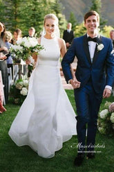 Simple Satin A-line Halter Sleeveless Featured Back Wedding Dresses