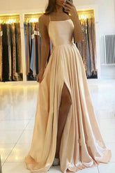 Simple Satin A-line Long Prom Dresses With Side Split, Evening Dresses