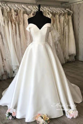 Simple Satin A-line Off-the Shoulder Wedding Dresses With Court Train