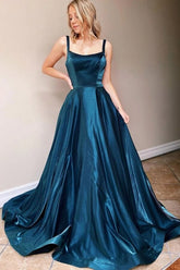 Simple Satin A-line Square Neck Backless Prom Dresses, Evening Gown