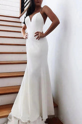 Simple Satin Mermaid V-neck Spaghetti Straps Wedding Dresses With Bow