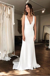Simple Satin Sheath Deep V-neck Wedding Dresses With Lace Appliques