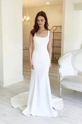 Simple Satin Sheath Square Neck Backless Wedding Dress With Sweep Train