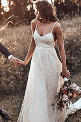 Simple Tulle A-line V-neck Backless Spaghetti Starps Wedding Dresses