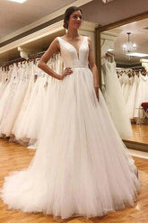 Simple Tulle A-line V-neck Open Back Wedding Dresses, Wedding Gowns