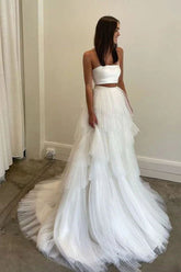 Simple Two Piece Wedding Dress With Layered Tulle Skirt, Bridal Gown
