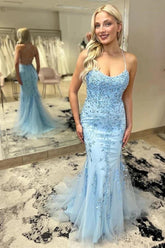 Tulle Mermaid Spaghetti Straps Long Prom Dresses With Lace