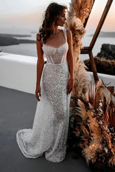 Sparkly A-line Scoop Neck Spaghetti Straps Beach Wedding Dresses