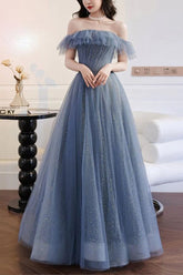 Sparkly Gray Tulle Blue A-line Off-the-Shoulder Prom Dresses, Evening Gown