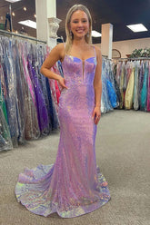 Sparkly Mermaid Spaghetti Straps V-neck Long Prom Dresses With Train