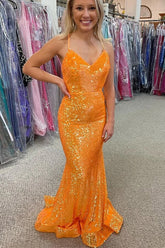 Sparkly Orange Sequins Mermaid V-neck Prom Dresses, Long Formal Dress
