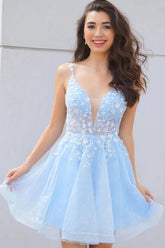 Sparkly Sky Blue Tulle A-line V-neck Homecoming Dresses With Flowers
