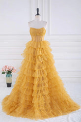 Sparkly Tiered Ruffles Gold Prom Dress Strapless Evening Dress