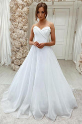 Sparkly White Tulle Lace A-line Sweetheart Sweep Train Wedding Dresses