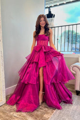 Strapless A-line Corset Fuchsia Long Prom Dress With Split