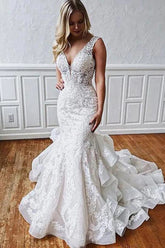 Stunning Mermaid Tulle Lace Wedding Dresses With Ruffles, Bridal Gown