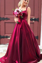 Taffeta A-line Scoop Spaghetti Straps Long Prom Dresses With Pockets