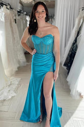 Teal Sheath Silk Satin Beaded Strapless Prom Dresses With Slit, Party Dress