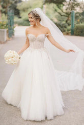 Tulle A-line Beaded Sweetheart Neck Wedding Dresses, Bridal Gowns