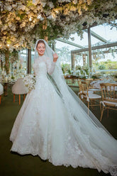 Tulle A-line High Neck Lace Appliques Long Sleeves Boho Wedding Dress