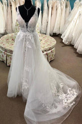Tulle A-line Lace Appliqued Deep V-neck Court Train Wedding Dresses
