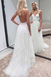 Tulle A-line Lace Appliqued Spaghetti Straps Wedding Dress, Wedding Gown