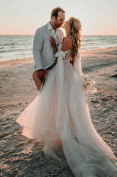 Tulle A-line Off-the-Shoulder Beach Wedding Dresses With Side Slit,