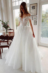 Tulle A-line Off-the-Shoulder Lace Appliqued Rustic Wedding Dresses