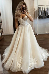 Tulle A-line Off-the-Shoulder Wedding Dresses With Floral Appliques