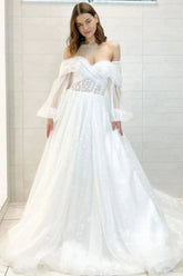 Tulle A-line Off Shoulder Long Sleeves Floral Lace Wedding Dresses