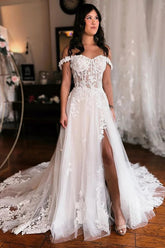 Tulle A-line Off Shoulder Slit Wedding Dresses With Lace Appliques