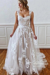 Tulle A-line Off Shoulder Sweetheart Floral Lace Beach Wedding Dresses