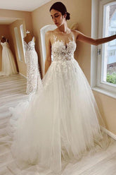 Tulle A-line Sheer Neck Wedding Dress With Lace Appliques, Bridal Gown