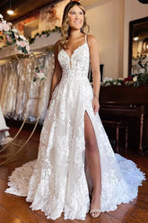 Tulle A-line Spaghetti Straps Sweetheart Wedding Dresses With High Slit