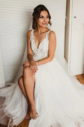 Tulle A-line V-neck Lace Wedding Dress With Side Slit, Wedding Gown