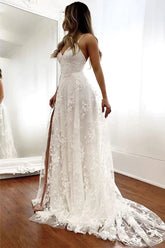 Tulle A-line V-neck Open Back Spaghetti Straps Wedding Dresses With Slit