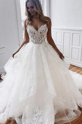 Tulle A-line V-neck Spaghetti Straps Vintage Lace Wedding Dresses