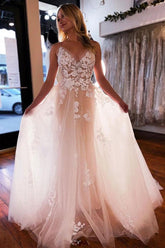 Tulle A-line V-neck Wedding Dress With Lace Appliques, Wedding Gown