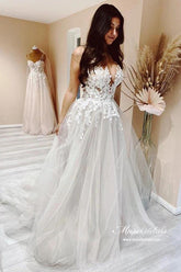 Tulle A-line V-neck Wedding Dresses With Lace Appliques, Bridal Gown