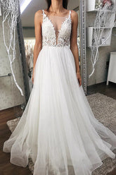 Tulle A-line V-neck Wedding Dresses With Lace Appliques, Bridal Gowns