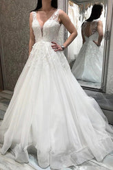 Tulle A-line V-neck Wedding Dresses With Lace Appliques, Bridal Gowns