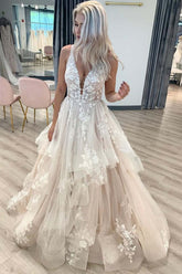 Tulle A-line V-neckline Lace Appliques Floor Length Wedding Dresses