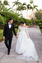 Tulle A line Lace Long Sleeve Off Shoulder Wedding Dress, Bridal Gown