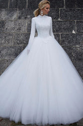 Tulle Ball Gown High Collar Long Sleeves Wedding Dresses, Wedding Gown