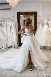 Tulle Ball Gown Scoop Court Train Wedding Dress With Lace Appliques