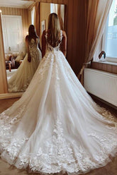 Tulle Ball Gown V-neck Lace Appliques Wedding Dresses, Bridal Gown