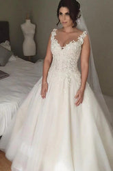Tulle Ball Gown V-neck Sweep Train Wedding Dresses, Bridal Gown