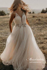 Tulle Beaded A-line Spaghetti Straps V-neck Beach Wedding Dresses