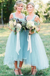 Tulle Beaded A-line Square Neck High-Low Simple Bridesmaid Dresses